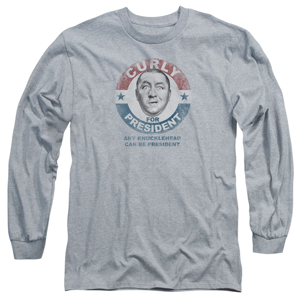 Three Stooges Curly For President Mens Long Sleeve Shirt Athletic Heather Officially Licensed