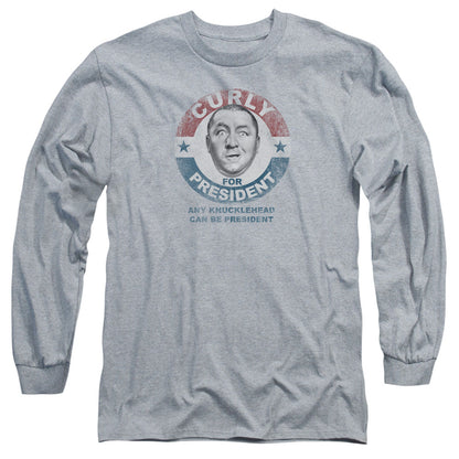 Three Stooges Curly For President Mens Long Sleeve Shirt Athletic Heather Officially Licensed