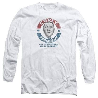Three Stooges Curly For President Mens Long Sleeve Shirt White Officially Licensed