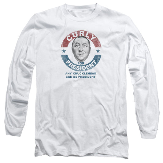 Three Stooges Curly For President Mens Long Sleeve Shirt White Officially Licensed