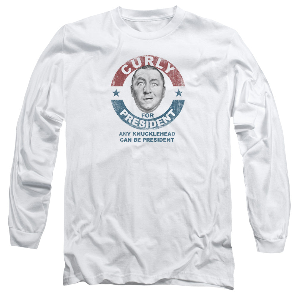 Three Stooges Curly For President Mens Long Sleeve Shirt White Officially Licensed