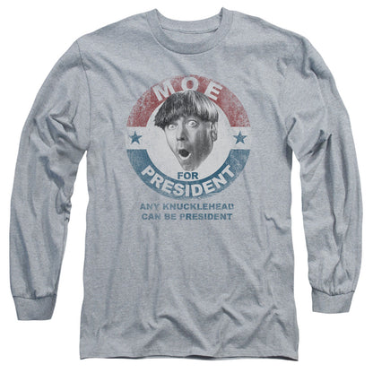 Three Stooges Moe For President Mens Long Sleeve Shirt Athletic Heather Officially Licensed