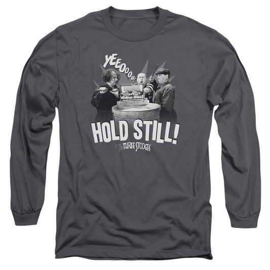 Three Stooges Hold Still Mens Long Sleeve Shirt Charcoal Officially Licensed
