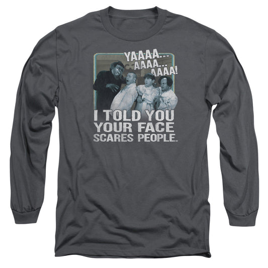 Three Stooges Scares People Mens Long Sleeve Shirt Charcoal Officially Licensed