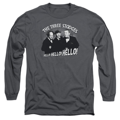 Three Stooges Hello Again Mens Long Sleeve Shirt Charcoal Officially Licensed