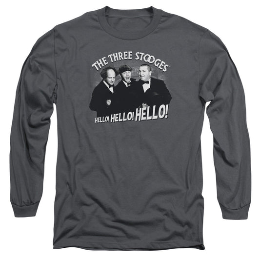Three Stooges Hello Again Mens Long Sleeve Shirt Charcoal Officially Licensed