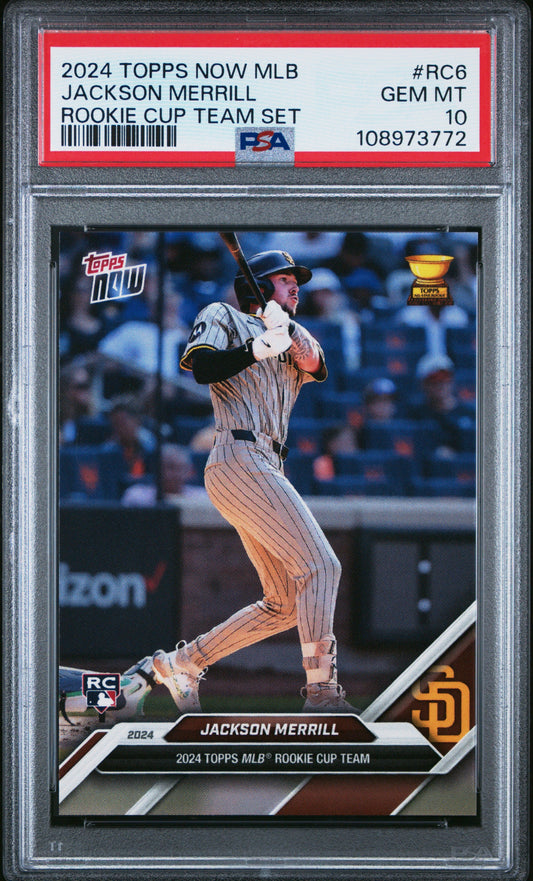 Graded 2024 Topps Now Jackson Merrill #RC6 Rookie Cup Team Set Rookie RC Baseball Card PSA 10 Gem Mint