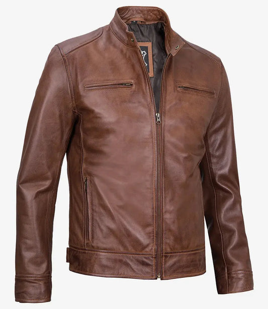 Tall Men's Cognac Brown Cafe Racer Leather Jacket