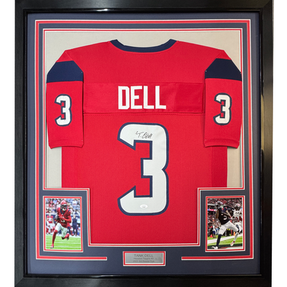 Framed Autographed/Signed Tank Dell 35x39 Houston Red Football Jersey Beckett BAS COA