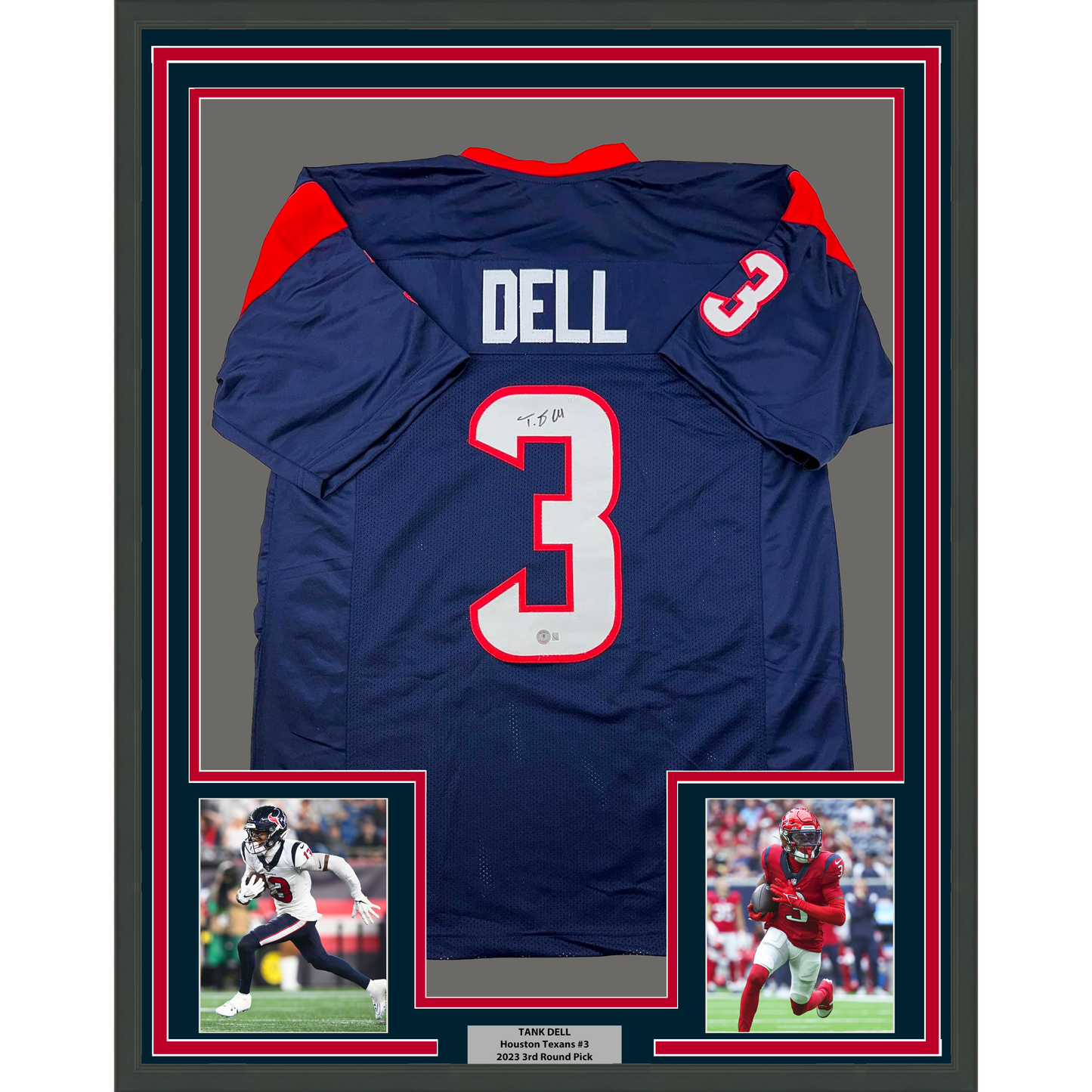Framed Autographed/Signed Tank Dell 35x39 Houston Blue Football Jersey Beckett BAS COA