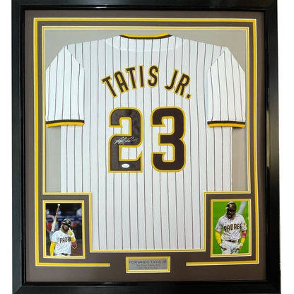 Framed Autographed/Signed Fernando Tatis Jr. 35x39 San Diego Pinstripe Baseball Jersey JSA COA