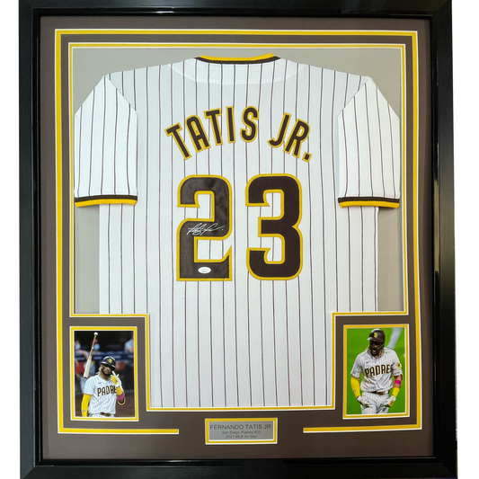 Framed Autographed/Signed Fernando Tatis Jr. 35x39 San Diego Pinstripe Baseball Jersey JSA COA