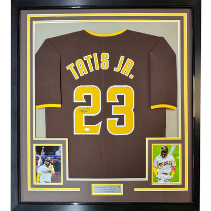 Framed Autographed/Signed Fernando Tatis Jr. 35x39 Slam Diego San Brown Baseball Jersey JSA COA