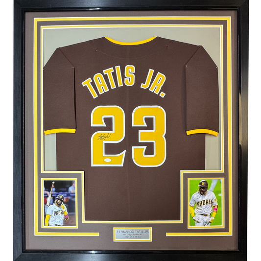 Framed Autographed/Signed Fernando Tatis Jr. 35x39 Slam Diego San Brown Baseball Jersey JSA COA