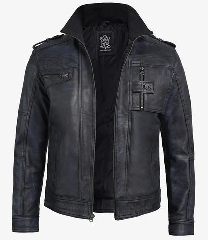 Tavares Men's Waxed Black Leather Biker Jacket