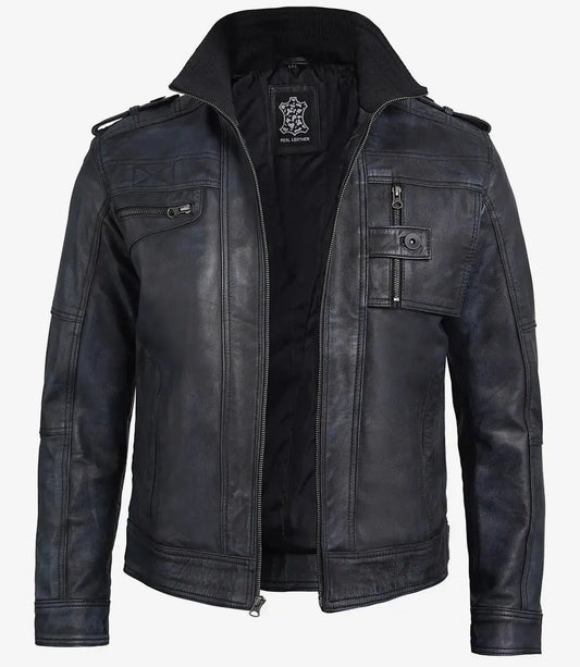 Tavares Men's Waxed Black Leather Biker Jacket