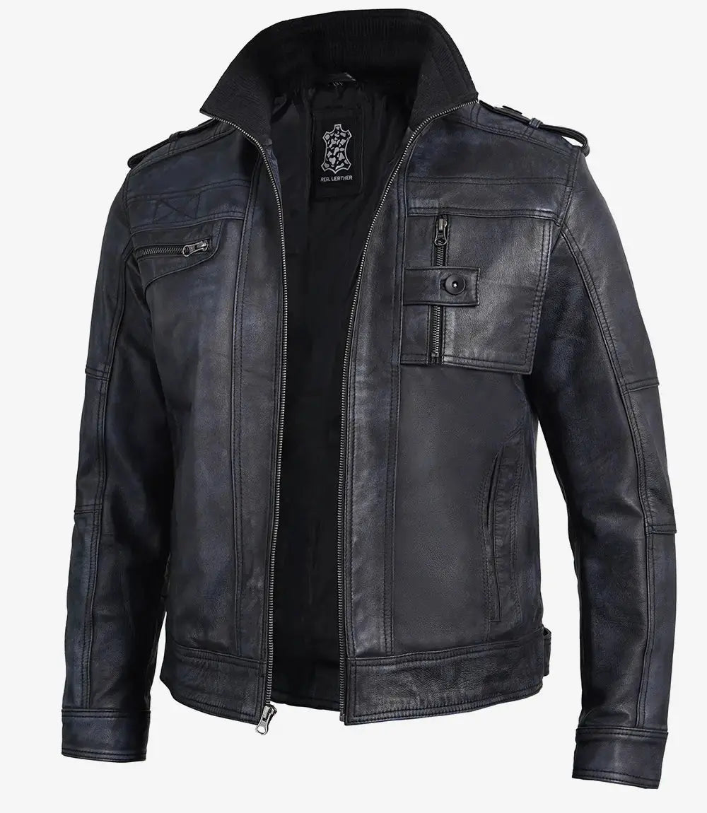 Tavares Men's Waxed Black Leather Biker Jacket