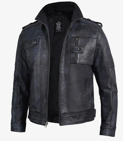 Tavares Men's Waxed Black Leather Biker Jacket