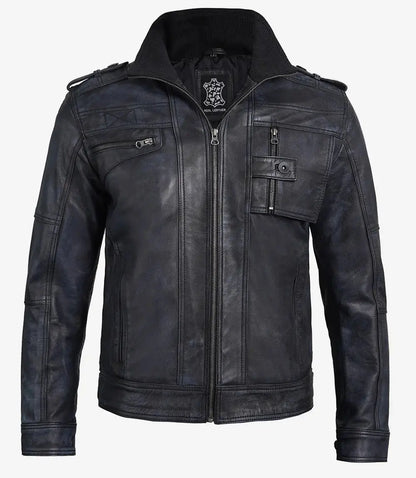 Tavares Men's Waxed Black Leather Biker Jacket