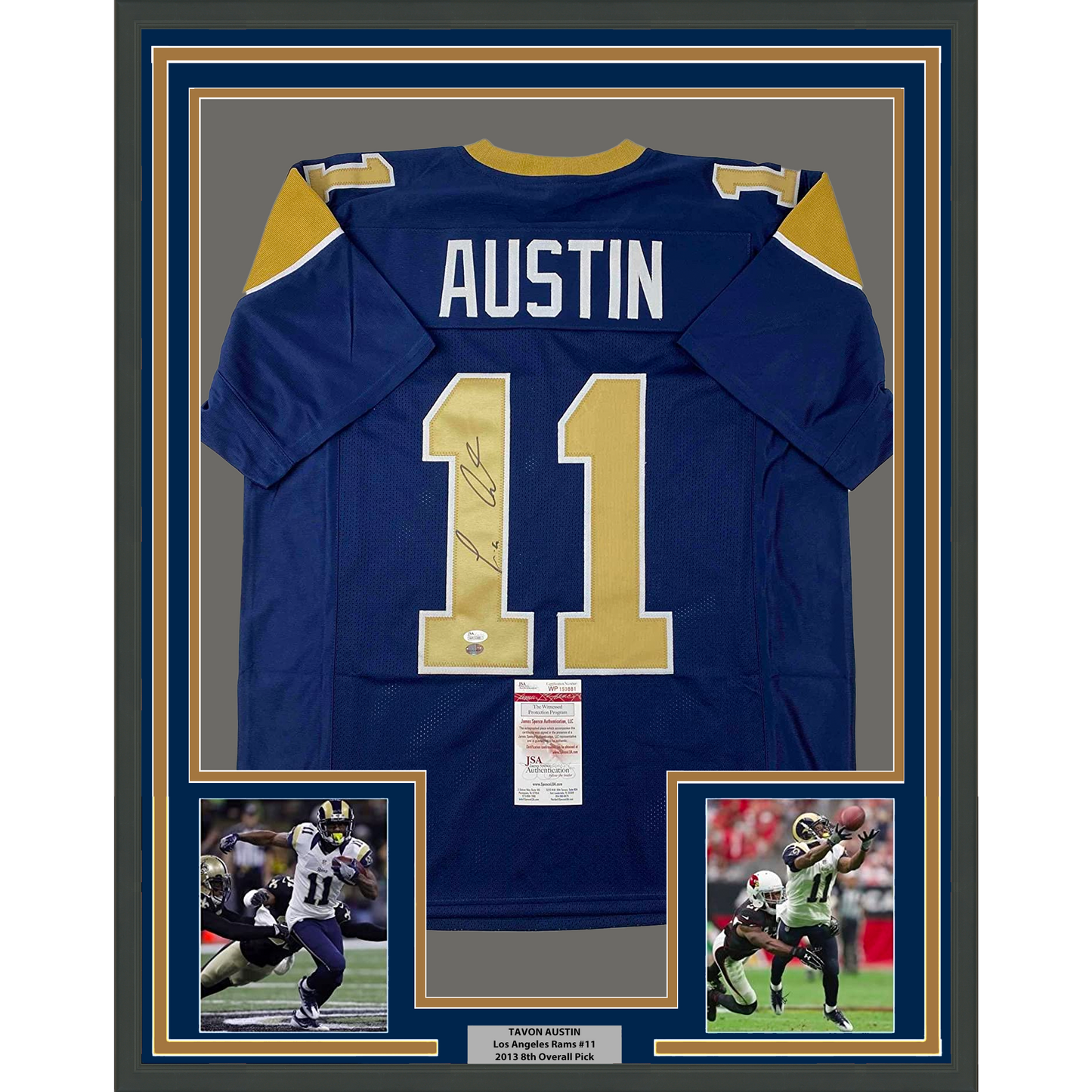 Framed Autographed/Signed Tavon Austin 35x39 St. Louis Blue Football Jersey JSA COA