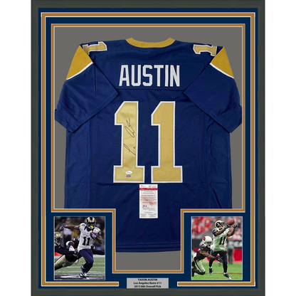 Framed Autographed/Signed Tavon Austin 35x39 St. Louis Blue Football Jersey JSA COA