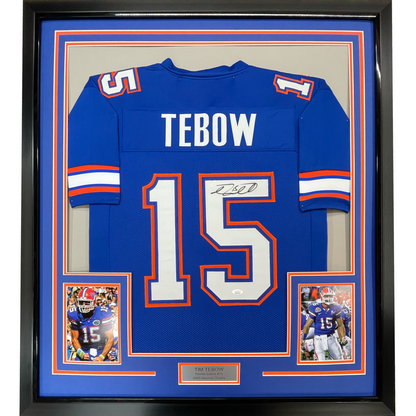 Framed Autographed/Signed Tim Tebow 35x39 Florida Blue College Football Jersey Beckett BAS COA