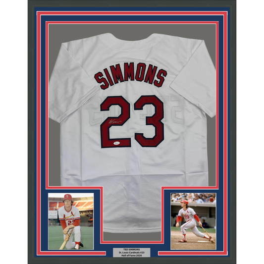 Framed Autographed/Signed Ted Simmons 35x39 St. Louis White Baseball Jersey JSA COA