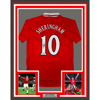 Framed Autographed/Signed Teddy Sheringham 35x39 Manchester United Red Soccer Jersey Beckett BAS COA