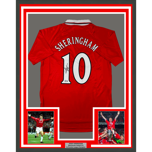 Framed Autographed/Signed Teddy Sheringham 35x39 Manchester United Red Soccer Jersey Beckett BAS COA