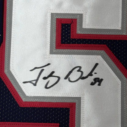 Framed Autographed/Signed Tedy Bruschi 35x39 New England Blue Football Jersey JSA COA