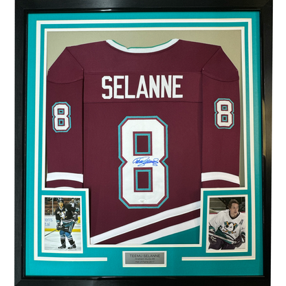 Framed Autographed/Signed Teemu Selanne 35x39 Anaheim Maroon Retro Hockey Jersey JSA COA