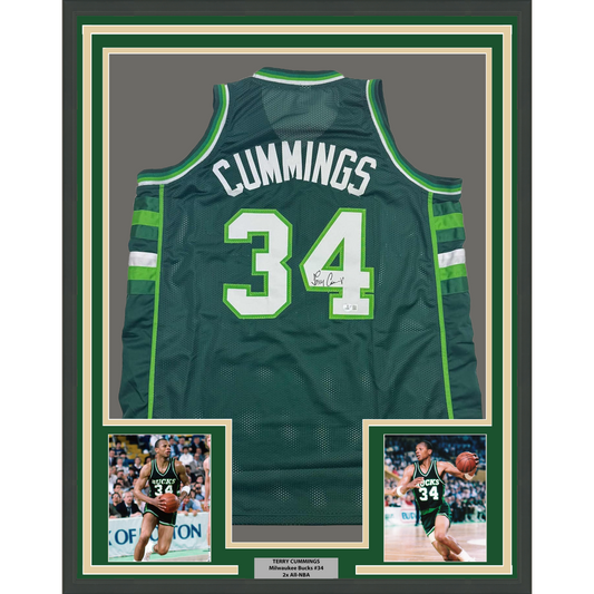 Framed Autographed/Signed Terry Cummings 35x39 Milwaukee Green Basketball Jersey Beckett BAS COA