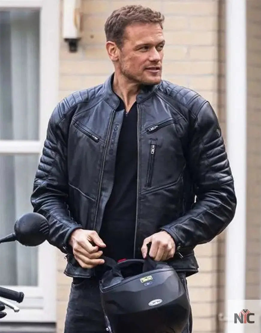 The Couple Next Door 2023 Sam Heughan Black Leather Jacket