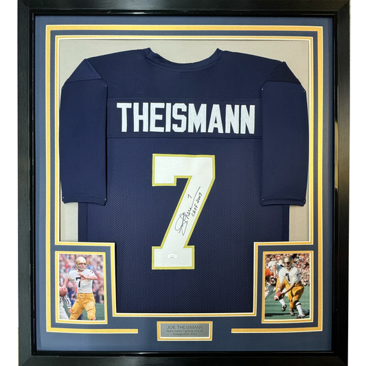 Framed Autographed/Signed Joe Theismann 35x39 CHOF 2003 Notre Dame Blue College Football Jersey JSA COA