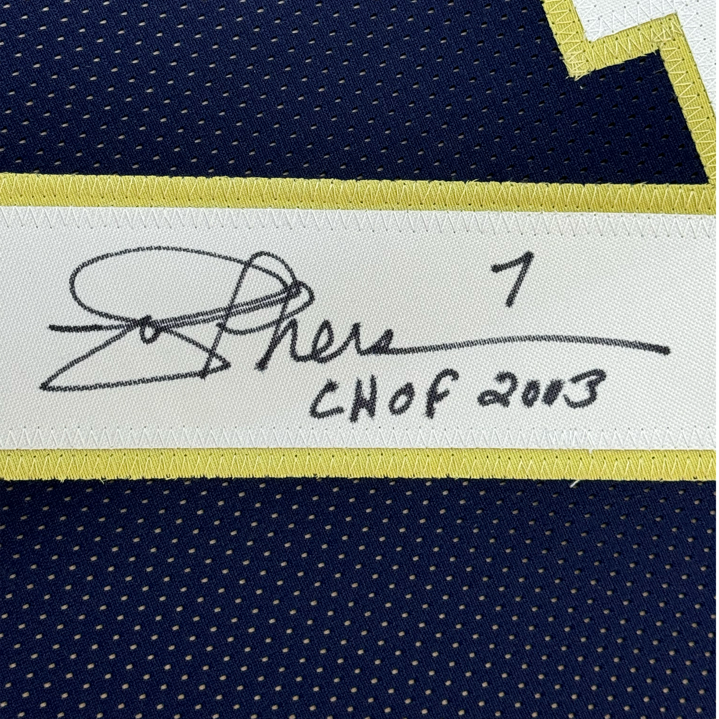 Framed Autographed/Signed Joe Theismann 35x39 CHOF 2003 Notre Dame Blue College Football Jersey JSA COA