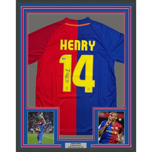 Framed Autographed/Signed Thierry Henry 35x39 FC Barcelona Blue Soccer Jersey Beckett BAS COA
