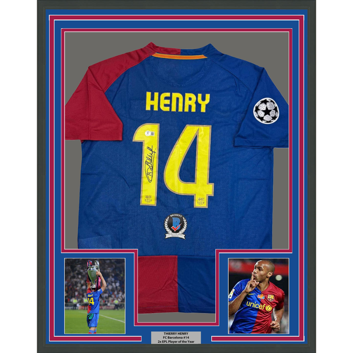 Framed Autographed/Signed Thierry Henry 35x39 FC Barcelona Blue Soccer Jersey Beckett BAS COA