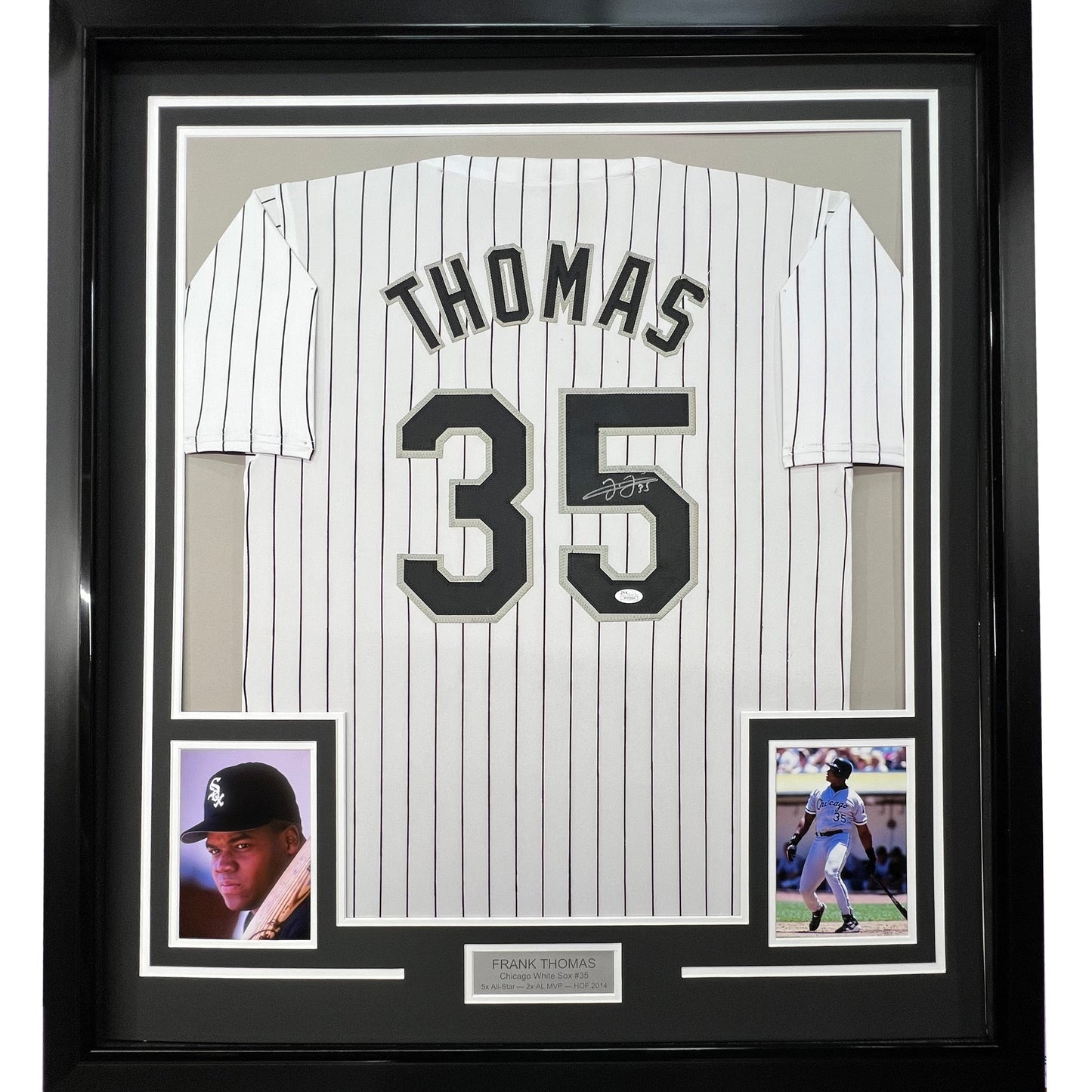 Framed Autographed/Signed Frank Thomas 35x39 Chicago Pinstripe Baseball Jersey JSA COA