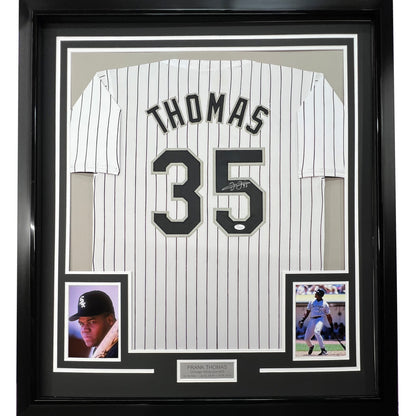 Framed Autographed/Signed Frank Thomas 35x39 Chicago Pinstripe Baseball Jersey JSA COA