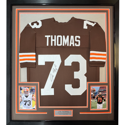 Framed Autographed/Signed Joe Thomas 35x39 Cleveland Brown Football Jersey JSA COA