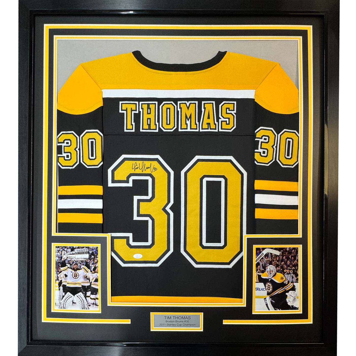 Framed Autographed/Signed Tim Thomas 35x39 Boston Black Hockey Jersey JSA COA