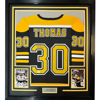 Framed Autographed/Signed Tim Thomas 35x39 Boston Black Hockey Jersey JSA COA