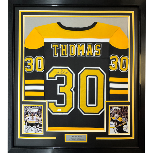 Framed Autographed/Signed Tim Thomas 35x39 Boston Black Hockey Jersey JSA COA