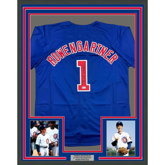 Framed Autographed/Signed Thomas Ian Nicholas 35x39 Rookie Of The Year Chicago Blue Baseball Jersey Beckett BAS COA