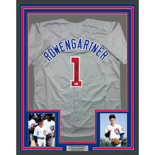 Framed Autographed/Signed Thomas Ian Nicholas Rookie 35x39 Of The Year Chicago Grey Baseball Jersey Beckett BAS COA