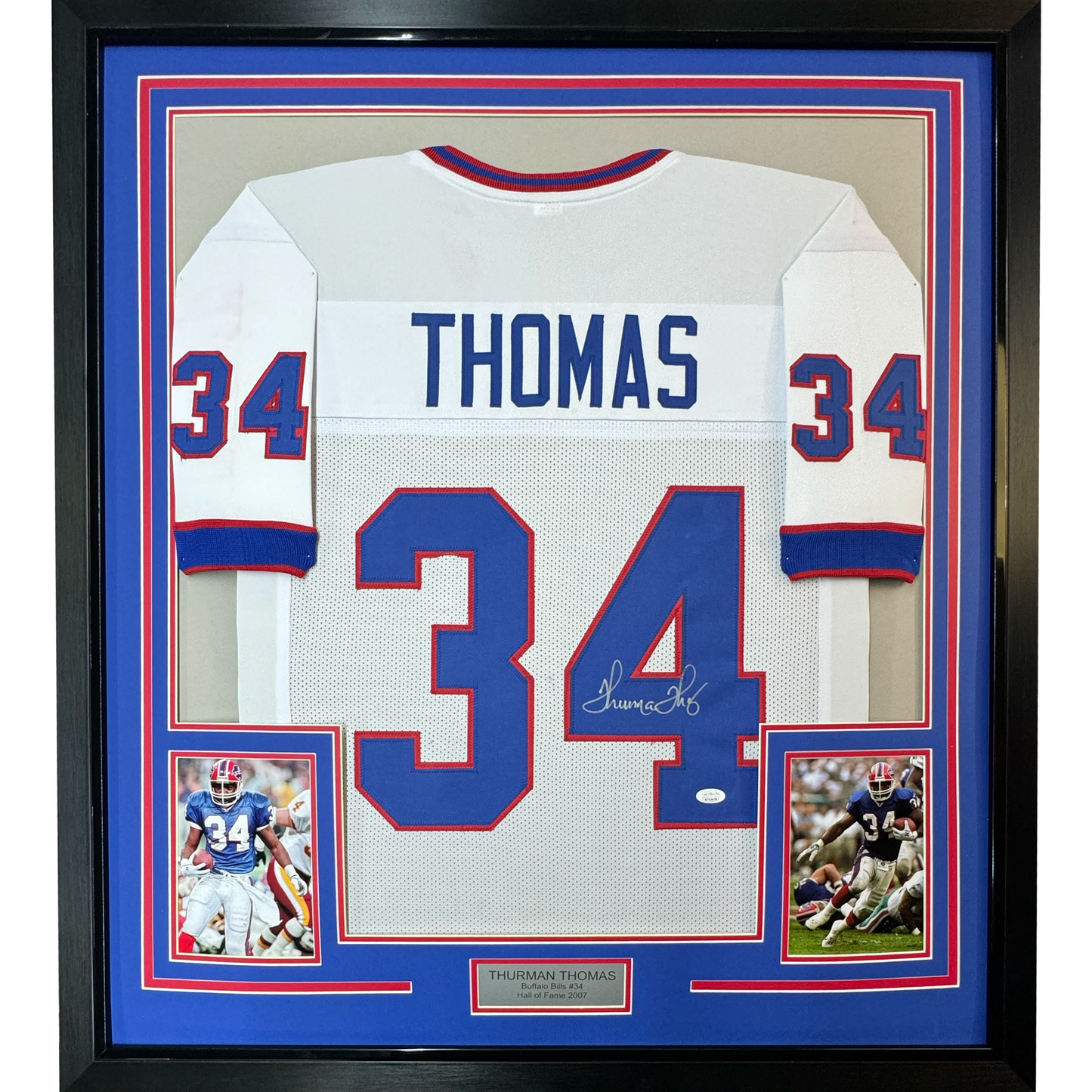 Framed Autographed/Signed Thurman Thomas 35x39 Buffalo White Football Jersey JSA COA