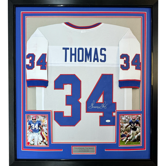Framed Autographed/Signed Thurman Thomas 35x39 Buffalo White Football Jersey JSA COA