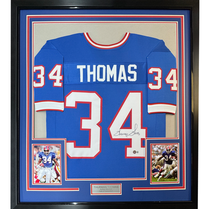 Framed Autographed/Signed Thurman Thomas 35x39 Buffalo Blue Football Jersey JSA COA