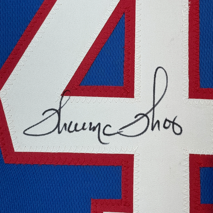 Framed Autographed/Signed Thurman Thomas 35x39 Buffalo Blue Football Jersey JSA COA