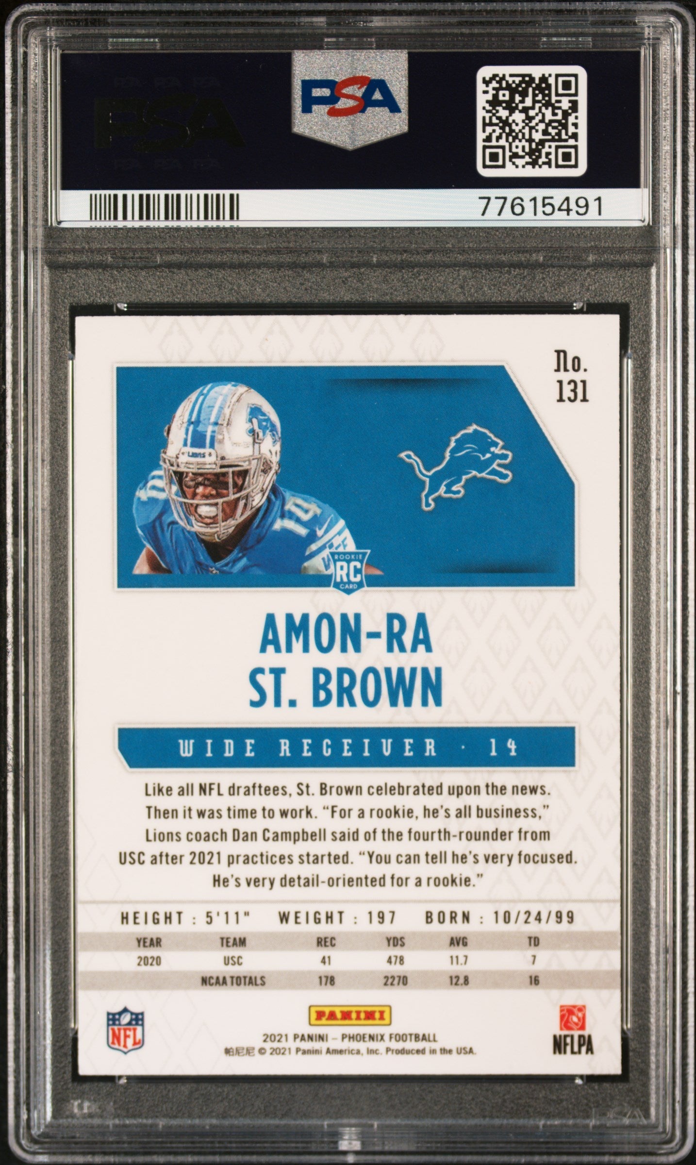 Graded 2021 Panini Phoenix Amon-Ra St. Brown #131 Fire Burst Rookie RC Football Card PSA 10 Gem Mint